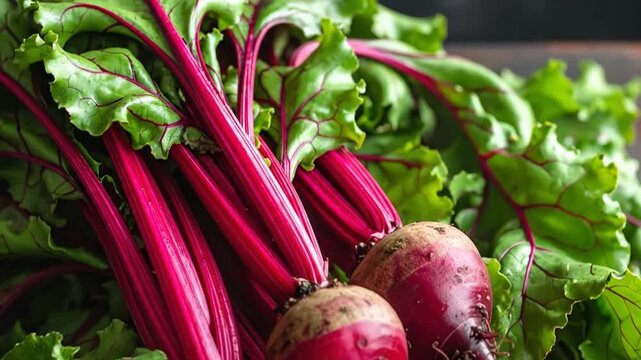 Freshly harvested beets with vibrant green leaves, showcasing natural colors and textures.
