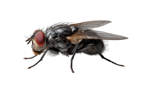 Close-up Housefly Study Detailed view of a housefly showcasing its intricate features, from its multifaceted eyes to its delicate wings.