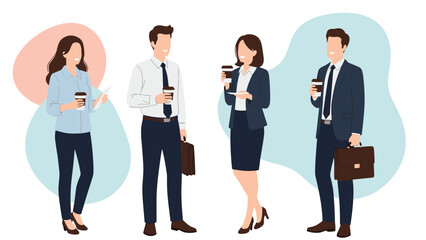Obraz premium Professional colleagues standing together during a break holding coffee cups and briefcases in a modern office environment.