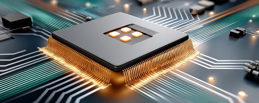 Close-up of a microprocessor on a glowing circuit board with gold pins and futuristic electronics