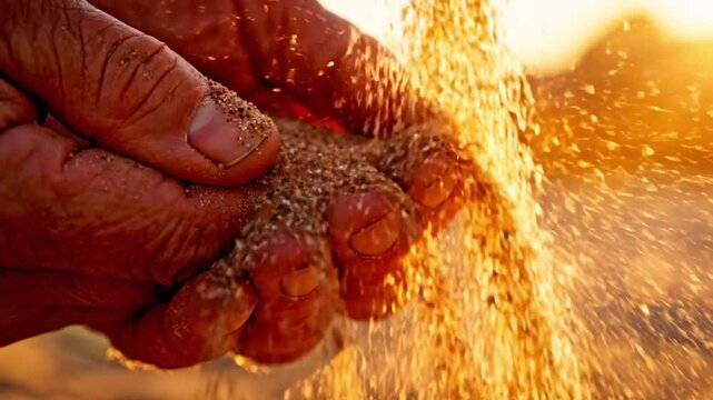 Farmers hands sifting through golden grains at sunset.