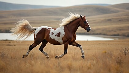 Obraz premium Brown and white horse galloping across dry grass field with lake and hills in background. Animal moves with speed and grace, tail flowing in wind. Serene natural landscape evokes freedom.