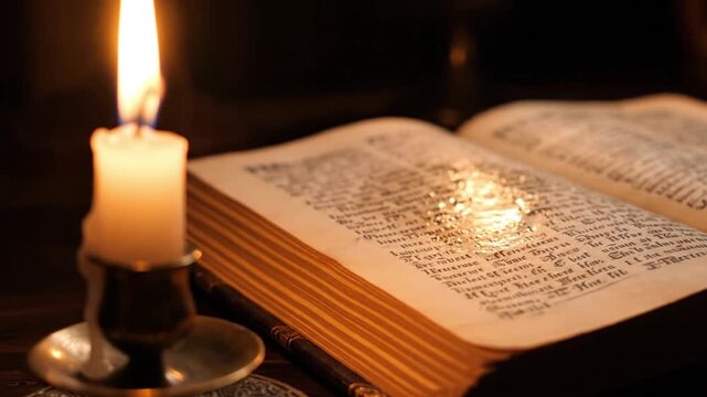 Flipping through an old book by candlelight.