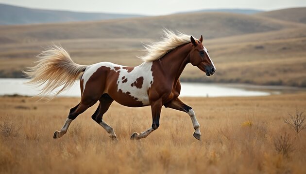 Brown and white horse galloping across dry grass field with lake and hills in background. Animal moves with speed and grace, tail flowing in wind. Serene natural landscape evokes freedom.