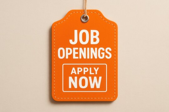 Bright orange JOB OPENINGS APPLY NOW banner, bold modern style, effective recruitment promotion offer.