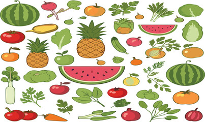 Hand drawn fruit and vegetable collection featuring watermelon pineapple tomatoes and fresh organic produce vector illustration set