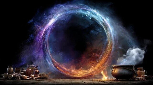 Abstract glowing portal above ancient alchemy tools on wooden surface