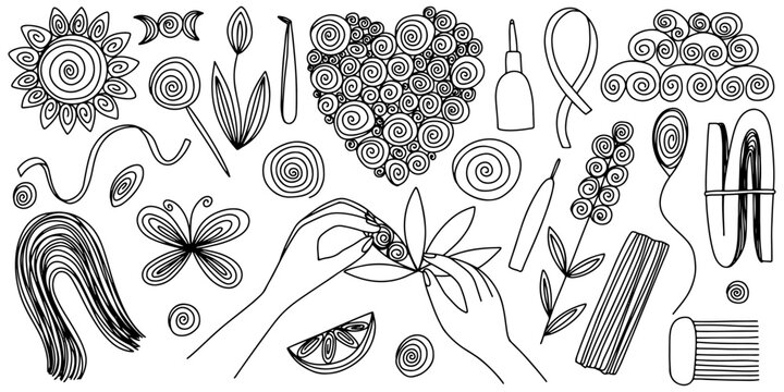 Quilling paper art set. Hand drawn quilling hobbie tools, hands creating quilling vector sketch