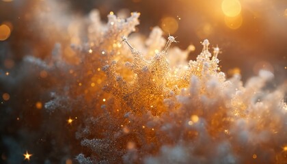 Fototapeta premium Abstract gold structure with glittering particles and bokeh lights. Complex network with glowing elements and soft focus background. Detailed texture of cosmic dust or snowflakes.