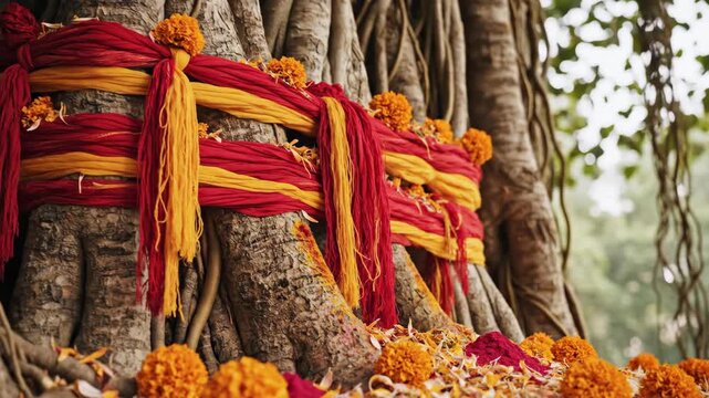Sacred banyan tree adorned with vibrant marigold flowers and colorful drapes for festive celebration. Rituals around banyan tree highlight its significance in Hindu culture and traditions.