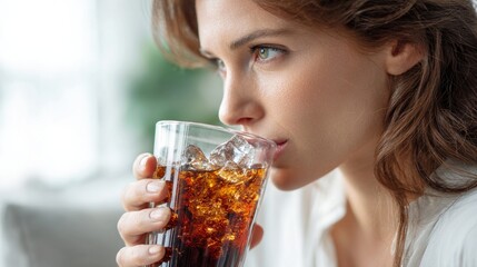 Woman enjoying refreshing cold coffee in glass cup