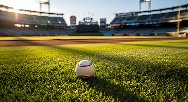 A lone baseball on a green field in a stadium