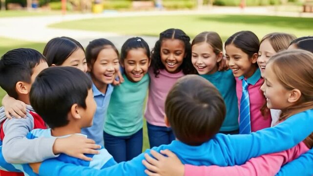Diverse group of elementary school children standing in a circle with arms around each other outdoors on a sunny day, multiethnic kids friendship and teamwork concept