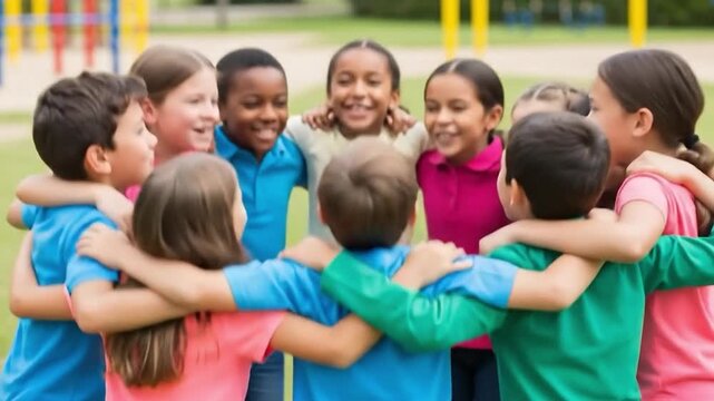 Diverse group of multi-ethnic elementary school children, boys and girls, standing in a circle with arms around each other's shoulders on a playground, showing friendship and teamwork.