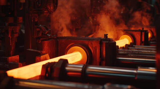 Glowing hot metal bars moving through industrial rollers producing steam Industry