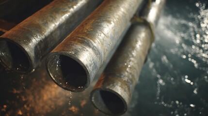 Close up view of industrial metal pipes with water dripping showing rust and water reflections