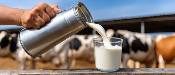 Obraz premium Stainless steel milk can pours fresh milk into a cheese spray can with cows in the background on a sunny day at a farm
