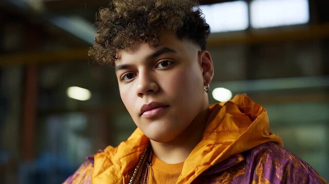 A confident young individual showcasing personal style and vibrant fashion, exuding charisma and creativity in an urban environment, highlighting modern trends and youth culture.