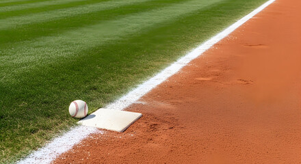 Baseball field with a base and ball near the line