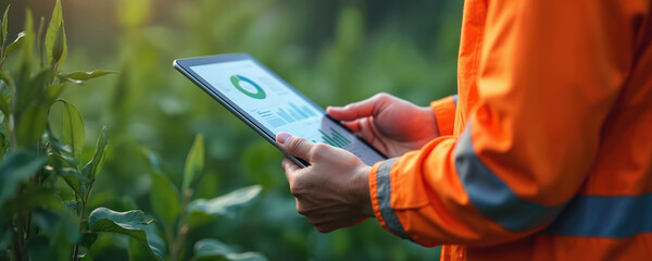 Environmental scientist uses tablet computer for data analysis in green farm field. Person in orange jacket checks charts, graphs for sustainable agriculture. Person studies plants for ecology