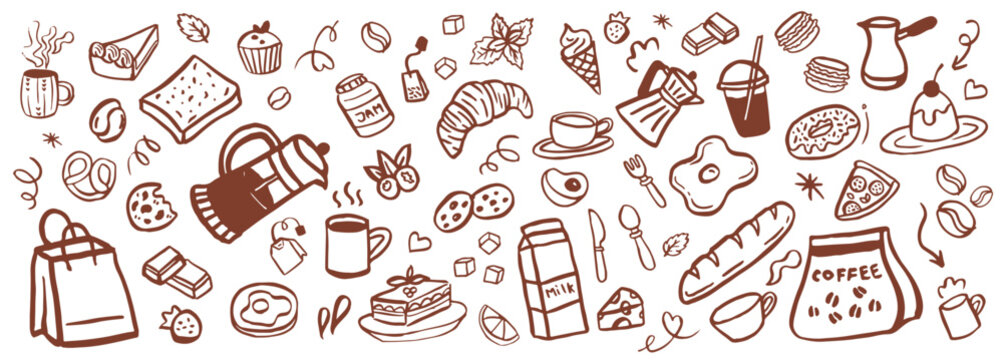 brush hand drawn vector set  coffee and tea line art. Whimsy breakfast with coffee cup, croissant, cafeteria food.  vector illustration for cafe
Breakfast or brunch with coffee and croissant doodle ve