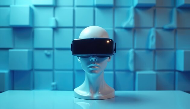 Futuristic virtual reality headset displayed on white mannequin head. Blue cubical background. Advanced tech, digital immersion, simulation, gaming, cyber exploration.