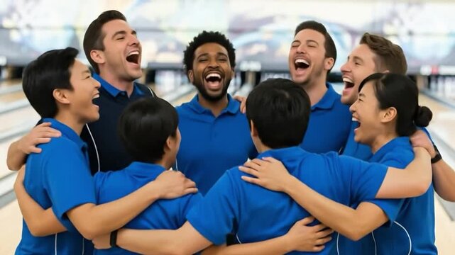 Diverse group of young adult men and women in blue team uniforms huddling together and smiling at a bowling alley during a corporate team building event.