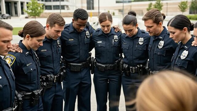Diverse group of male and female police officers of various ethnicities standing in a circle with heads bowed in a moment of silence or prayer, showing unity, solidarity, and support for their team.