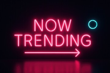 Obraz premium NOW TRENDING promotional neon sign with an arrow, bold eye-catching retail offer style, perfect for attracting attention.