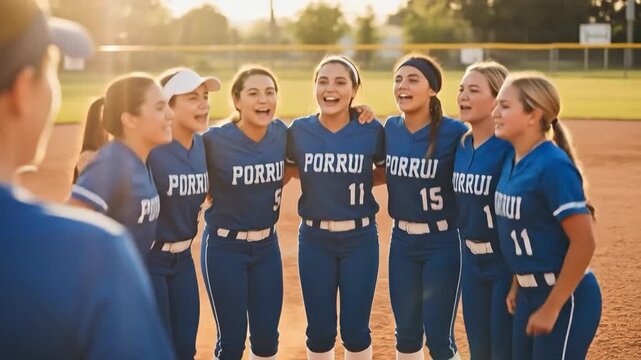 Diverse group of young adult women softball players in blue uniforms huddling together on a baseball field, smiling and showing team spirit during a competitive game.