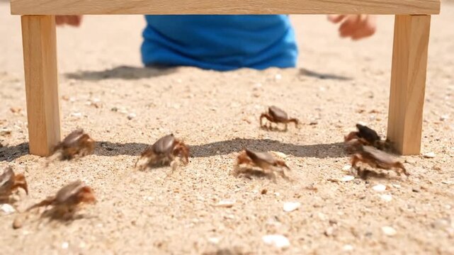 Cockroaches scurrying under a table on sandy ground viewed from a low angle on a sunny day