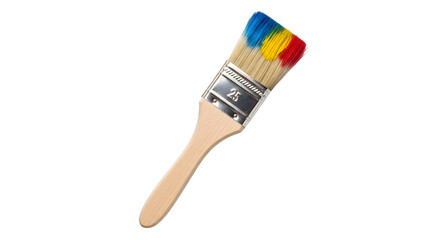 Paint brush with wooden handle and clean bristles isolated on a transparent background, realistic art supply tool, front view, clean cutout PNG