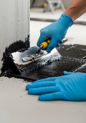 Close-up of a waterproofing worker applying sealant with blue protective gloves