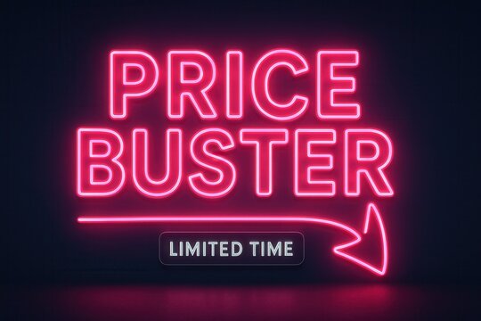 Neon banner with PRICE BUSTER and LIMITED TIME offer, vibrant style, appealing retail discount promotion.