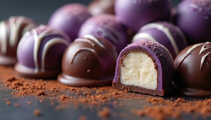 Pile of assorted chocolates. Many purple and brown bonbons with white creamy filling. Some chocolates have drizzle icing. Cocoa powder scattered on dark surface.