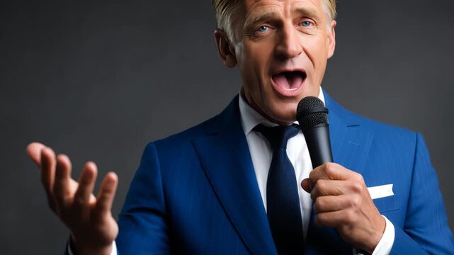 Caucasian man in a blue suit passionately speaks into a microphone, gesturing with his hands, showcasing engagement and charisma in a professional setting with a dark background