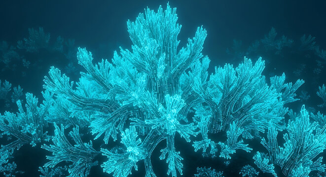A large blue coral reef in the ocean with dark background