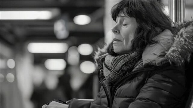 A woman in a winter coat sitting on a bench at the train station, lost in thought.