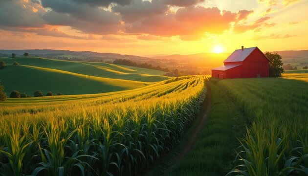 Red barn sits on grassy hill overlooking cornfield at sunset. Rolling hills in background show green cultivated fields under golden sky. Rural landscape has gentle hills and warm light.