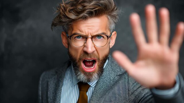 Caucasian man with glasses and beard gestures with hand while expressing strong emotions in a studio setting, showcasing a progression of intense reactions and facial expressions