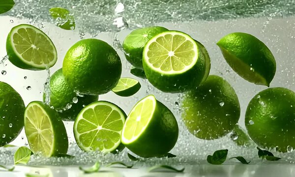 Top-down slow-motion video of fresh limes and lime slices splashing in clear water.
