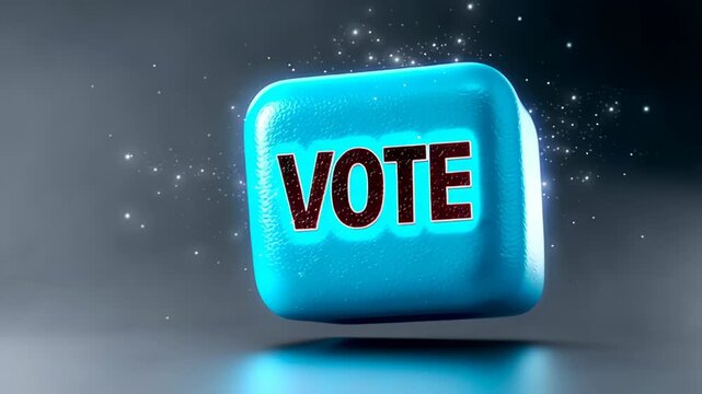 Blue vote button with sparkling effects rotates and shifts in position, showcasing the word "VOTE" prominently against a dark background with a smooth gradient