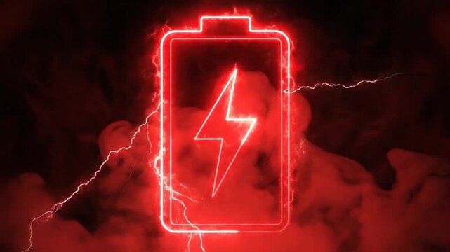 Glowing red battery icon with lightning bolt symbol surrounded by smoke effect.