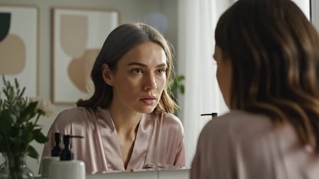 Woman gazing into the mirror in a bright bathroom, showing self-reflection, beauty, and morning routine