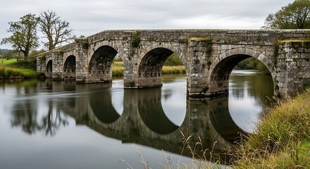 Historic stone arch bridge reflecting in calm water
