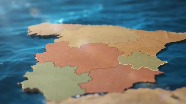 Spain map with provinces depicted in earth tones on a water background with sunlight