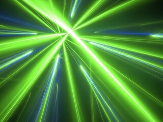 Dynamic burst of radiating luminous green beams against dark background