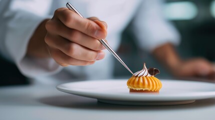Chef decorating dessert with pastry tool in modern kitchen  