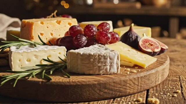 Delicious cheese board arrangement with grapes, figs, crackers and rosemary on a rustic wooden surface