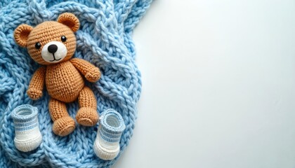 Knitted teddy bear sits with baby booties on a blue cable knit blanket. Soft pastel colors create a warm, cozy atmosphere for a newborn. Perfect for baby shower invites or nursery decor themes.